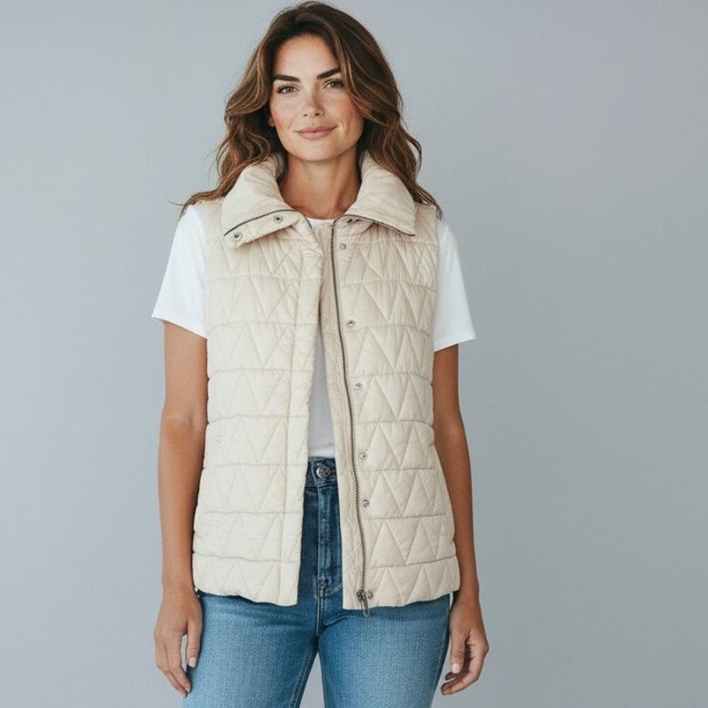 L Cream Eileen Fisher chevron-quilted puffer vest quilted down feather filled